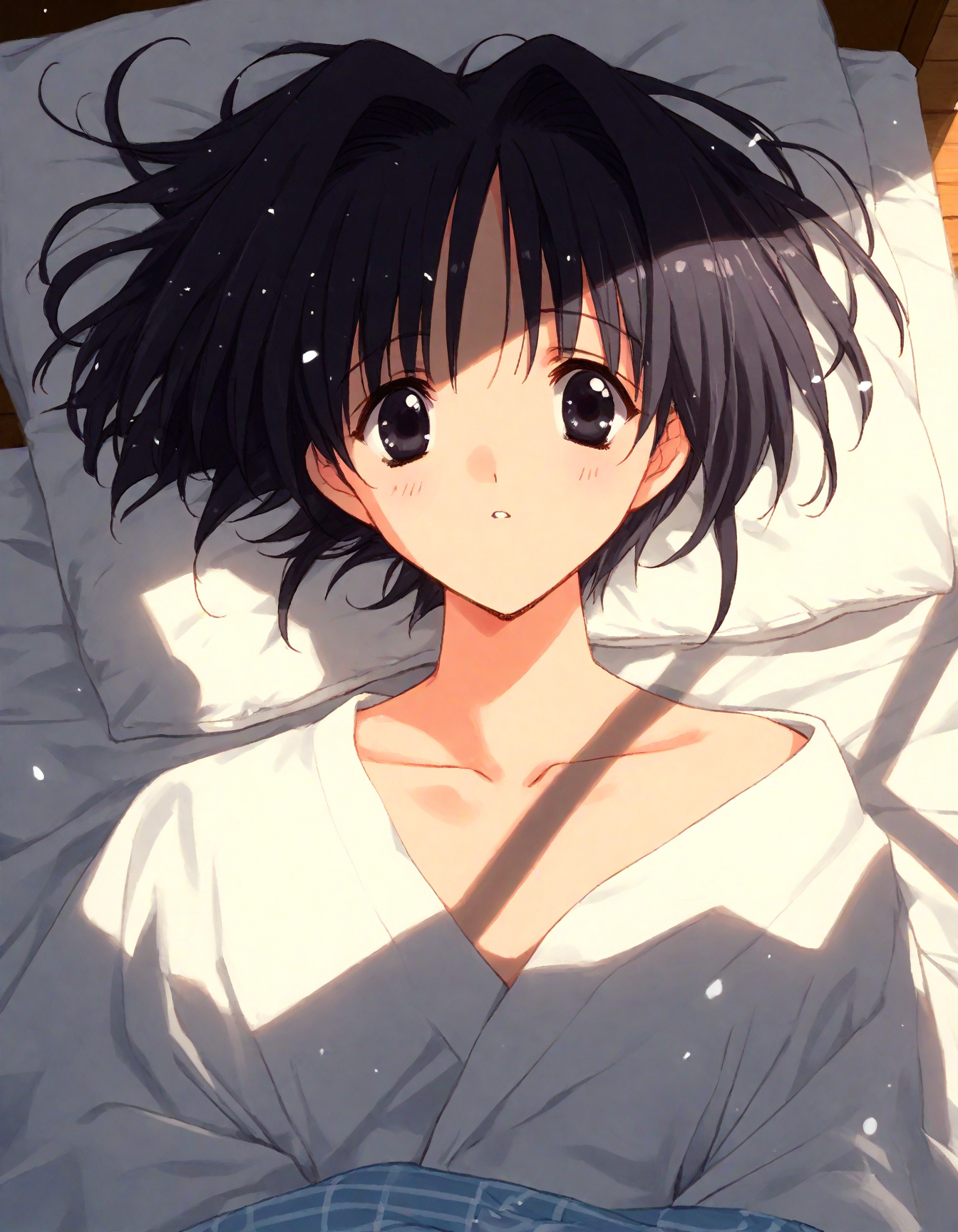 score_9, score_8_up, score_7_up, masterpiece, best quality, absurdres, official art, official style, (anime coloring, anime screencap, megami magazine, flat color:1.3), zPDXL2, zPDXLxxx,
<lora:Nanase_Aoi_Style_Pony_v1:1.0>, 1girl, solo focus, Nanase_Aoi_Style
bedroom, on bed, bed sheet, dim lighting, light particles, (from above:1.3), looking at viewer, dutch angle, 
, black eyes, :3, looking up, black hair, bed, shadow, blanket, sleepwear, feet out of frame