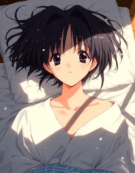 score_9, score_8_up, score_7_up, masterpiece, best quality, absurdres, official art, official style, (anime coloring, anime screencap, megami magazine, flat color:1.3), zPDXL2, zPDXLxxx,
<lora:Nanase_Aoi_Style_Pony_v1:1.0>, 1girl, solo focus, Nanase_Aoi_Style
bedroom, on bed, bed sheet, dim lighting, light particles, (from above:1.3), looking at viewer, dutch angle,
, black eyes, :3, looking up, black hair, bed, shadow, blanket, sleepwear, feet out of frame