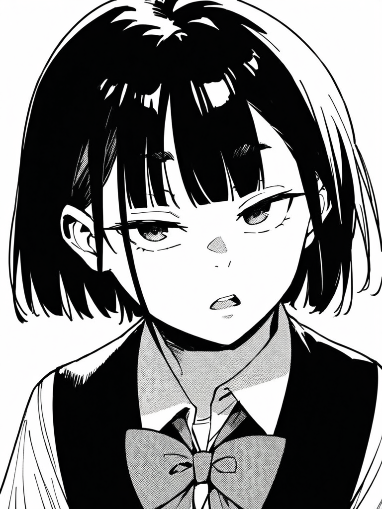 score_9, score_8_up, score_7_up,  
1girl, monochrome, black hair, medium hair, blunt bangs, 


school uniform, face, upper body, bowtie, black sweater vest, looking at viewer, frown, open mouth, narrowed eyes, 