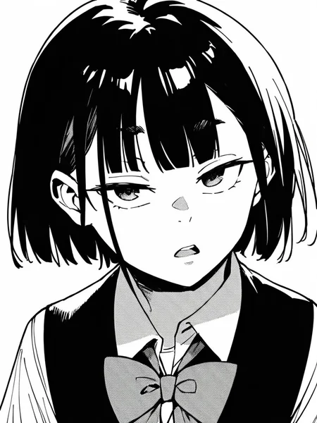 score_9, score_8_up, score_7_up,
1girl, monochrome, black hair, medium hair, blunt bangs,
school uniform, face, upper body, bowtie, black sweater vest, looking at viewer, frown, open mouth, narrowed eyes,