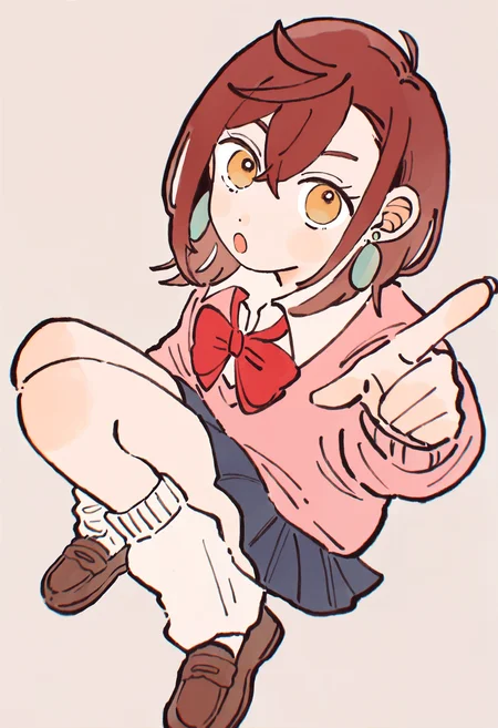 masterpiece, absurdres, newest, very awa, chromatic aberration, aysmm, 1girl, solo, ayase momo, brown hair, medium hair, hair between eyes, black chocker, school uniform, red bowtie, pink sweater, white shirt, collared shirt, blue miniskirt, pleated skirt, white leg warmers, earrings, black footwear, loafers, loose socks, sitting, on floor, hand on floor, looking up, looking at viewer, pointing at viewer, :O, from above, three quarter view, <lora:spo_sdxl_10ep_4k-data_lora_webui>, <lora:TA_trained:0.35>, <lora:NOOB_EPSv1_1_detailer_by_vlnvk_v0_5>, <lora:omoguuu:0.8>, <lora:aysmm_idxl_EliPot:0.7>