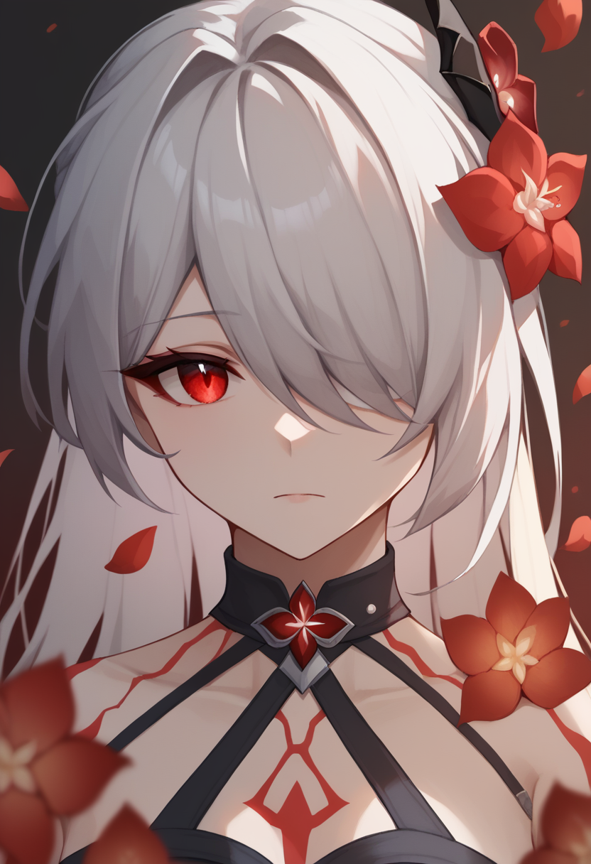 score_9,score_8_up,score_7_up,<lora:acheron_red_pony_v2:1>,acheron_red, 1girl, solo, portrait, falling_petals, long_hair, white_hair, highres, black_choker, blood_from_eyes, body_markings, closed_mouth, hair_over_one_eye, looking_at_viewer, red_eyes, red_flower, simple_background