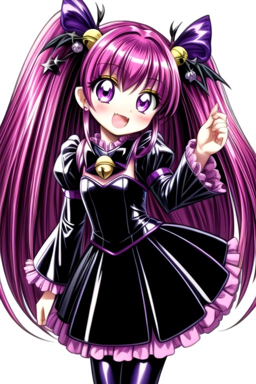Bad_End_Precure, DarkPrecure, corrupted princess wearing dark pastel (ruffled:1) (gleaming latex:1) gown with (latex vampire cloak:1) and (long frilly bell sleeves), soft lighting, ruffles, (cute little fang:1.5)
(vmpr:1),
<lora:more_details:1>,