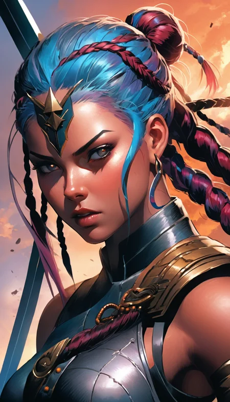Extreme closeup, portrait of a female warrior, multicolored mixed colored hair, braids, flying though a paradox, action pose, Cinematic scene, hero view, extremely beautiful piercing eyes, detailed background, masterpiece, best quality, high quality, highres, absurdres, very detailed, high resolution, sharp, sharp image, 8k, vivid, Mike Deodato <lora:mike_deodato_xl_v1:1>