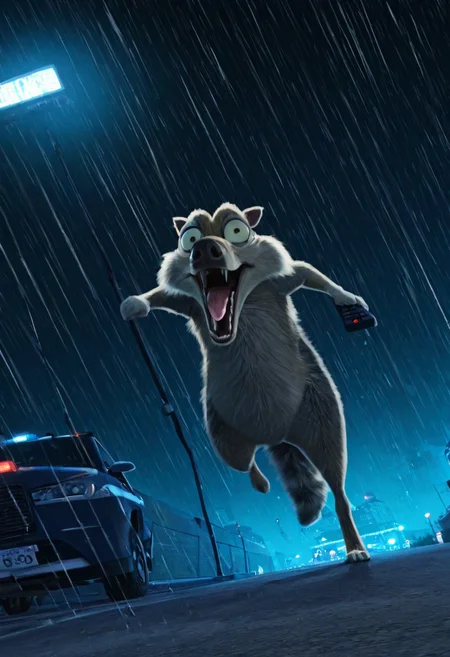 Masterpiece, absurdres, highest quality, highly detailed, newest, 8k, cartoon style, vivid colors, closeup, animal, Scrat, long snout, bushy tail, bulging eyes, manic expression, open mouth, intense expression, black eye mask, burglar outfit, tongue out, striped tail, holding a tv remote control, running, police cars in the background, flashing police lights, police chase, flashing red and blue lights in the background, urban setting, motion lines, detailed background, dynamic angle, night,