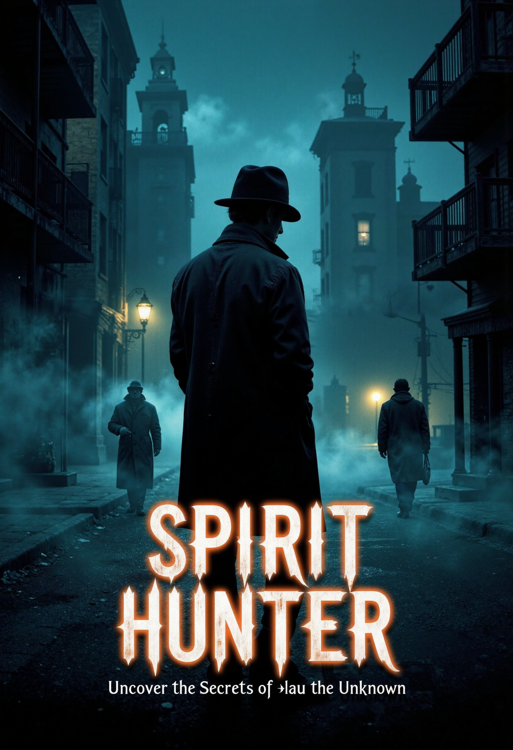 allposter, Create a dark, atmospheric poster for a supernatural mystery game. Show a detective standing in a foggy alley, surrounded by ghostly figures and shadowy buildings. Use a haunting, glowing effect for the game title, 'SPIRIT HUNTER,' at the bottom. Add the tagline 'Uncover the Secrets of the Unknown' in an eerie, script font to set the tone<lora:Flux.1_Turbo_Detailer.safetensors:0.75:0.75> <lora:FLUX_All_Posters.safetensors:0.7000000000000001:0.7000000000000001>