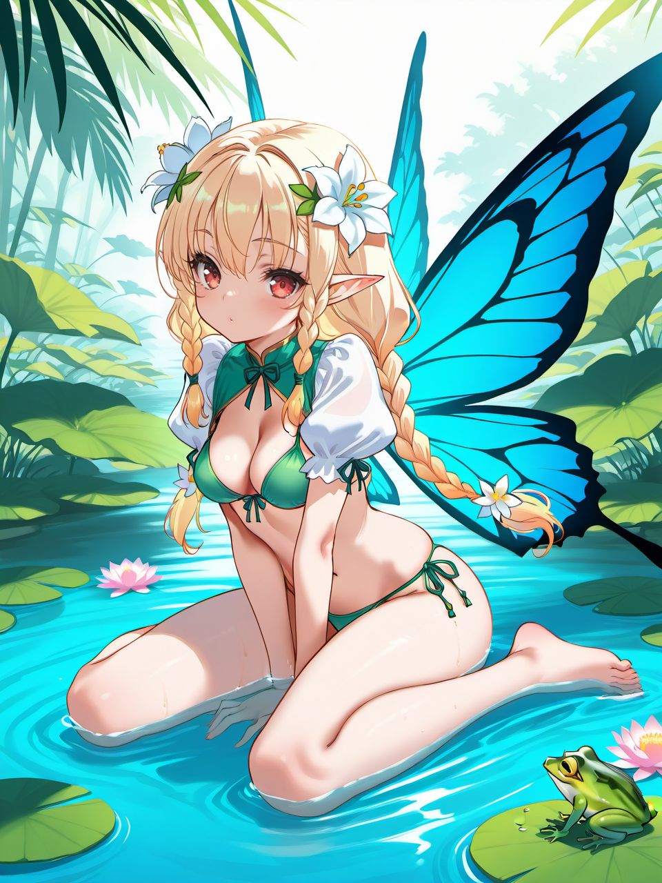masterpiece, best quality, amazing quality, very aesthetic, high resolution,
ch0c0, 1girl, blonde hair, frog, wings, flower, braid, pointy ears, red eyes, twin braids, fairy, solo, hair ornament, hair flower, long hair, bikini, medium breasts, water, butterfly wings, wariza, sitting, barefoot, navel, lily pad, puffy sleeves
<lora:choco_style_v1_illustrious_epoch_7:0.9>,