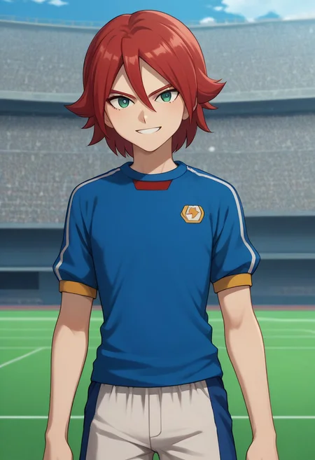 score_9, score_8_up, score_7_up, source_anime, highly detailed, 
hiroto, 1boy, male focus, solo, red hair, hair between eyes, green eyes, sportwear, soccer uniform, inazuma japan soccer uniform, shirt, light blue shirt, short sleeves, shorts, grey shorts, upper body, smile, slender, skinny
outdoor,