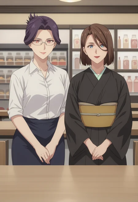 at a cafe, ,2girl, smile, looking at viewer, standing, mature female, BREAK
score_9, score_8_up, score_7_up, source_anime, <lora:DX888YumikaRaiha:1> , BREAK
tsuge raiha, purple hair, folded ponytail, red eyes, glasses,white shirt, pencil skirt, BREAK
sakuraba yumika, brown hair, blue eyes, lipstick,bob cut, black kimono , BREAK
