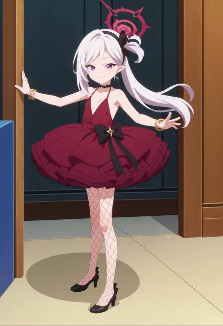 score_9, score_8_up, score_7_up, source_anime,
BREAK
1girl, solo, anime screencap, anime coloring,
<lora:shiMutsukiTrainingV1:1.0>,
shimutsukidress, alternate costume, long hair, purple eyes, white hair, side ponytail, hairband, pointy ears, halo, black choker,
bracelet, jewelry, small breasts,
sleeveless, red dress, fishnet pantyhose, black footwear, high heels,
looking at viewer, smile, reaching towards viewer, indoors,