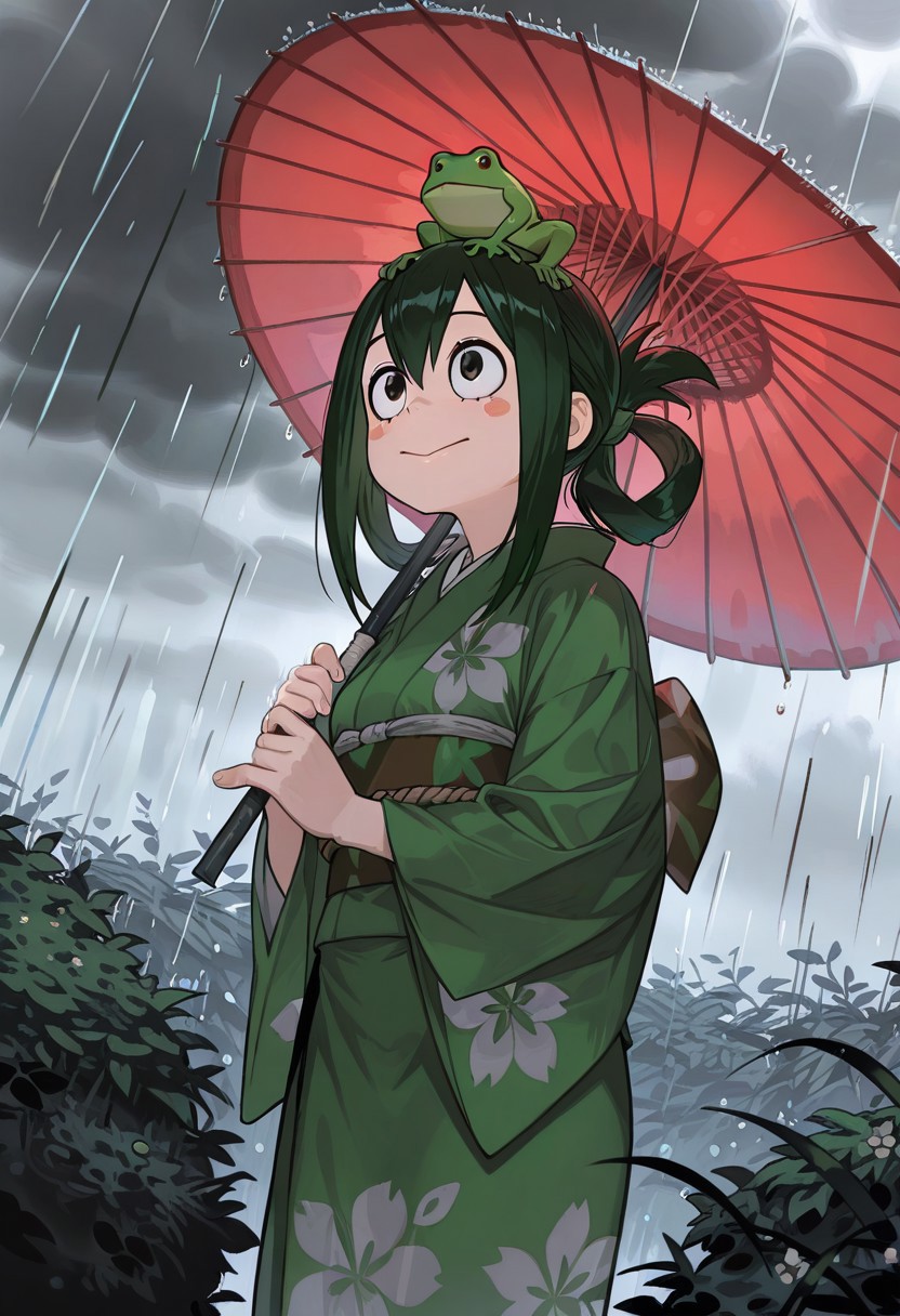 WALLPPR_ST, masterpiece, best quality, very aesthetic, high resolution, ultra-detailed, absurdres, newest, detailed eyes, beautiful, perfect lighting, hi res, amazing quality, very awa, painting_(artwork), dynamic angle, dynamic pose, 1girl, asui tsuyu, rain, frog, japanese clothes, kimono, looking up, hair rings, green hair, holding umbrella, animal on head, sash, blush stickers, red umbrella, obi, outdoors, bush, smile, wide sleeves, oil-paper umbrella, cloud, long sleeves, flower, closed mouth, cloudy sky