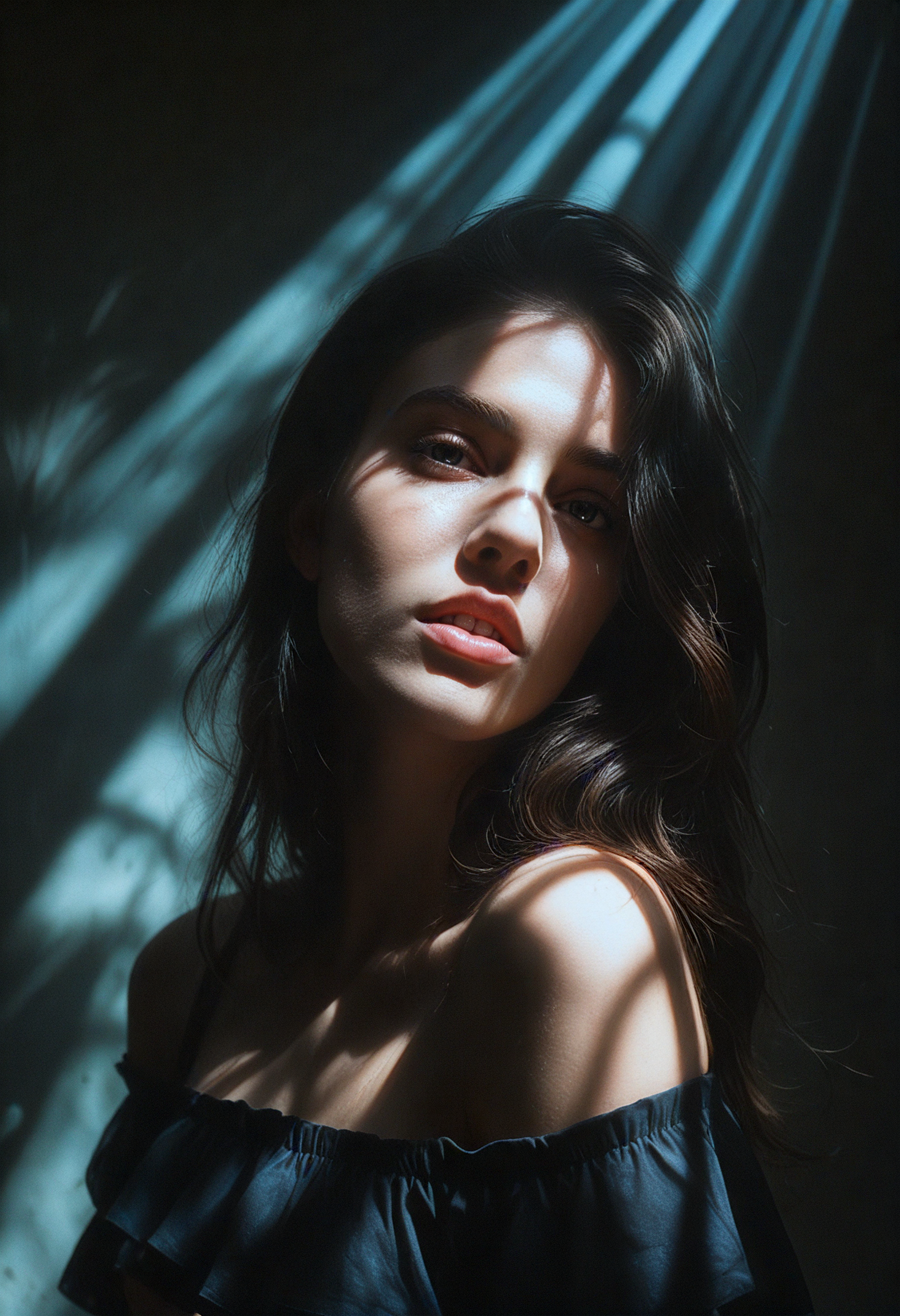score_9, score_8_up, score_7_up, score_6_up, masterpiece, best quality, ultra-detailed award-winning masterpiece, RAW editorial photo, young woman, solo portrait in a dark cinematic fine-art style, cropped off-the-shoulder black top, parted lips, relaxed yet intense expression, high-quality image, ultra-detailed realism, dramatic lighting casting soft shadows, contours emphasized on face and body, rich fabric textures, moody atmosphere, soft highlights blended with deep shadows, timeless fine-art portrait mood, cinematic precision and depth