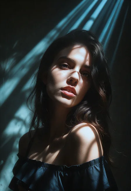 score_9, score_8_up, score_7_up, score_6_up, masterpiece, best quality, ultra-detailed award-winning masterpiece, RAW editorial photo, young woman, solo portrait in a dark cinematic fine-art style, cropped off-the-shoulder black top, parted lips, relaxed yet intense expression, high-quality image, ultra-detailed realism, dramatic lighting casting soft shadows, contours emphasized on face and body, rich fabric textures, moody atmosphere, soft highlights blended with deep shadows, timeless fine-art portrait mood, cinematic precision and depth
