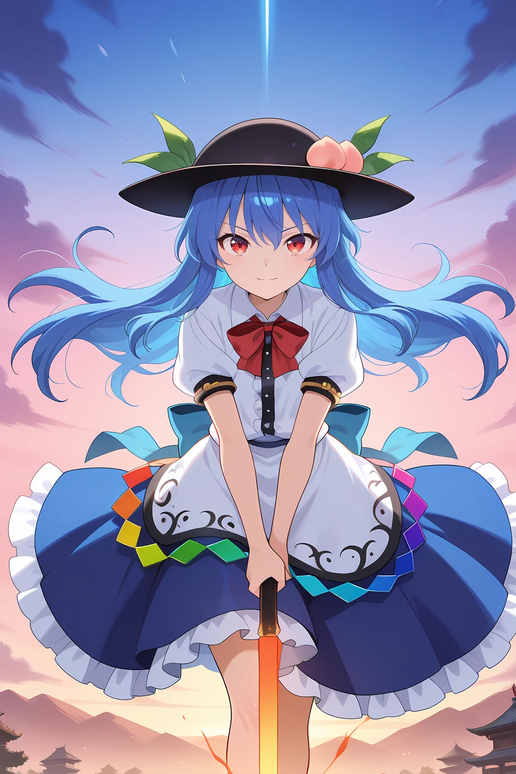 absurdres, highres, masterpiece, best quality, amazing quality, official anime artwork, screencap, anime screencap, outdoors, looking at viewer, light smile, dynamic pose,
<lora:Tenshi-Hinanawi_Illustrious:1> hinanawi tenshi, 1girl, solo, red eyes, blue hair, long hair, hat, peach hat oranement, red bowtie, white shirt, short sleeves, apron, petticoat, blue skirt, holding, sword of hisou, kaname-ishi , sky, floating hair, fighting stance,