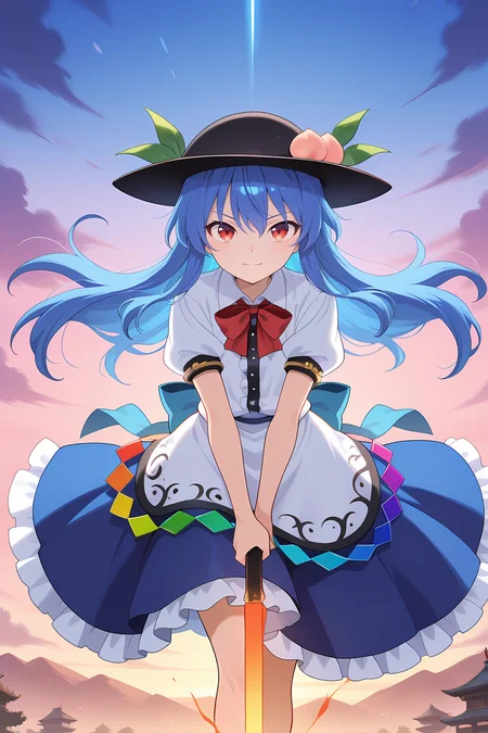 absurdres, highres, masterpiece, best quality, amazing quality, official anime artwork, screencap, anime screencap, outdoors, looking at viewer, light smile, dynamic pose,
 <lora:Tenshi-Hinanawi_Illustrious:1> hinanawi tenshi, 1girl, solo, red eyes, blue hair, long hair, hat, peach hat oranement, red bowtie, white shirt, short sleeves, apron, petticoat, blue skirt, holding, sword of hisou, kaname-ishi , sky, floating hair, fighting stance,