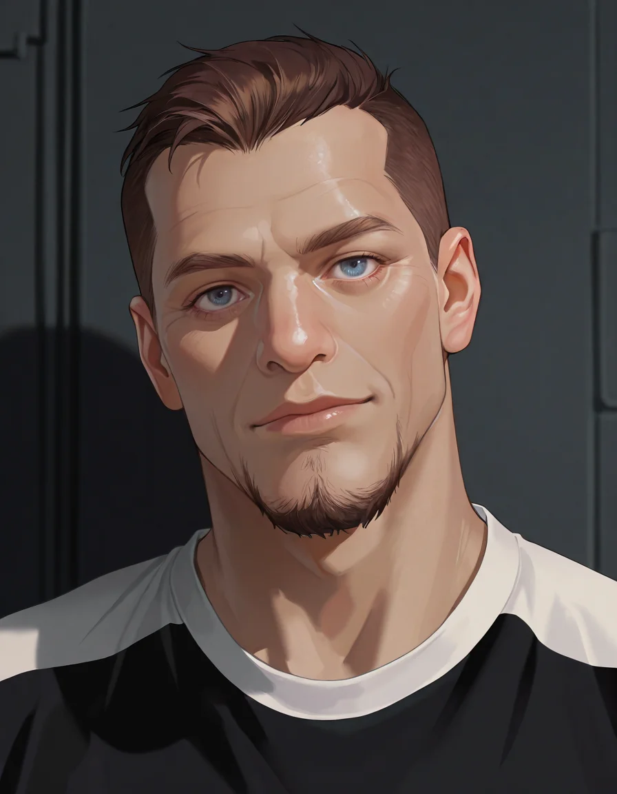 masterpiece, best quality, newest, perfect quality, best quality, detailed background, intricate details, male focus, realistic, solo, <lora:Titan AE - Joseph Korso - Illustrious_epoch_7:0.7>, titan_korso, 1boy, mature male, brown hair, very short hair, crew cut, goatee, blue eyes, goatee, black two-tone shirt, portrait, head tilt