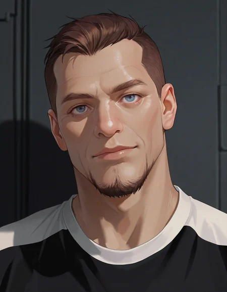 masterpiece, best quality, newest, perfect quality, best quality, detailed background, intricate details, male focus, realistic, solo, <lora:Titan AE - Joseph Korso - Illustrious_epoch_7:0.7>, titan_korso, 1boy, mature male, brown hair, very short hair, crew cut, goatee, blue eyes, goatee, black two-tone shirt, portrait, head tilt