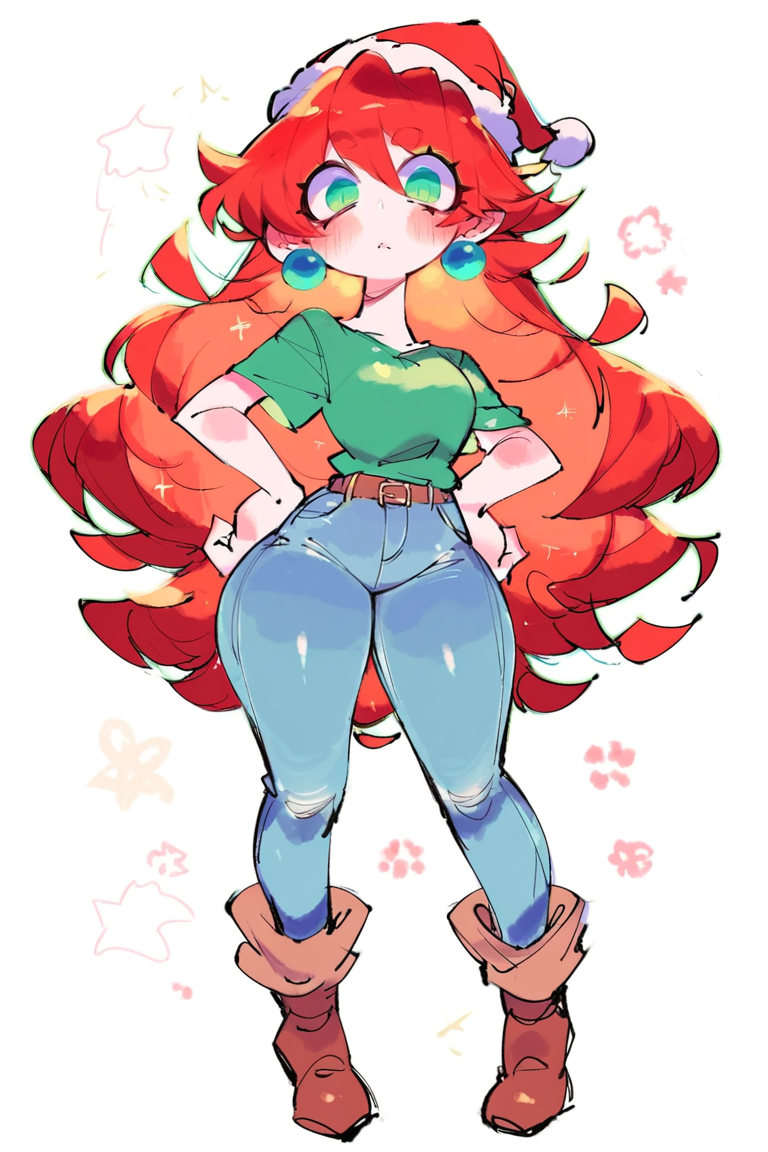 score_9, score_8_up, score_7_up, score_6_up, score_5_up, rating_questionable, source cartoon
1girl, pretty face, pretty eyes, detailed eyes, HD eyes, thick thighs
hands on hips, standing, cowboy shot
looking at viewer, blush, eyebrows, long hair, red hair, green eyes 
jeans, green t-shirt, boots, high waisted jeans, santa hat
simple background, white background
 <lora:USA37107692:1>