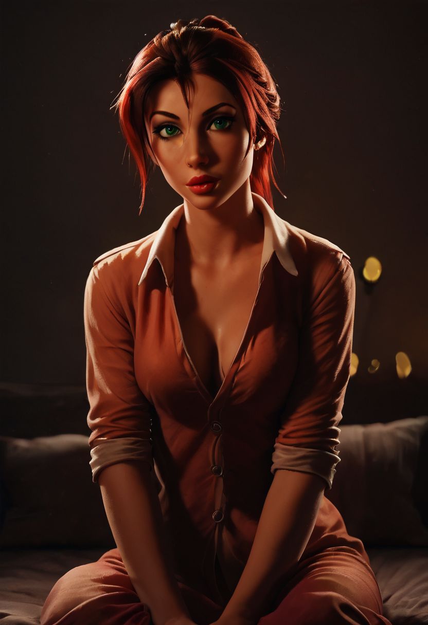 score_9, score_8_up, score_8, 
JanePorterXLP, pajamas, moody lighting,
 1girl, sexy girl, solo,38 years old, hair in messy ponytail, green eyes, red hair,
 ( perky (medium breasts)), (full juicy lips), 
 tan, 
aroused,sunshine, 
eye contact, looking seductively at viewer, 
full color