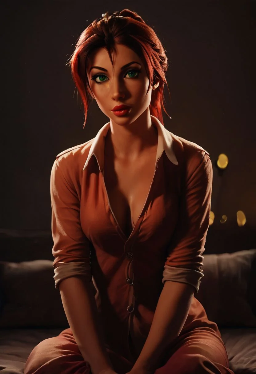 score_9, score_8_up, score_8,
JanePorterXLP, pajamas, moody lighting,
1girl, sexy girl, solo,38 years old, hair in messy ponytail, green eyes, red hair,
( perky (medium breasts)), (full juicy lips),
tan,
aroused,sunshine,
eye contact, looking seductively at viewer,
full color