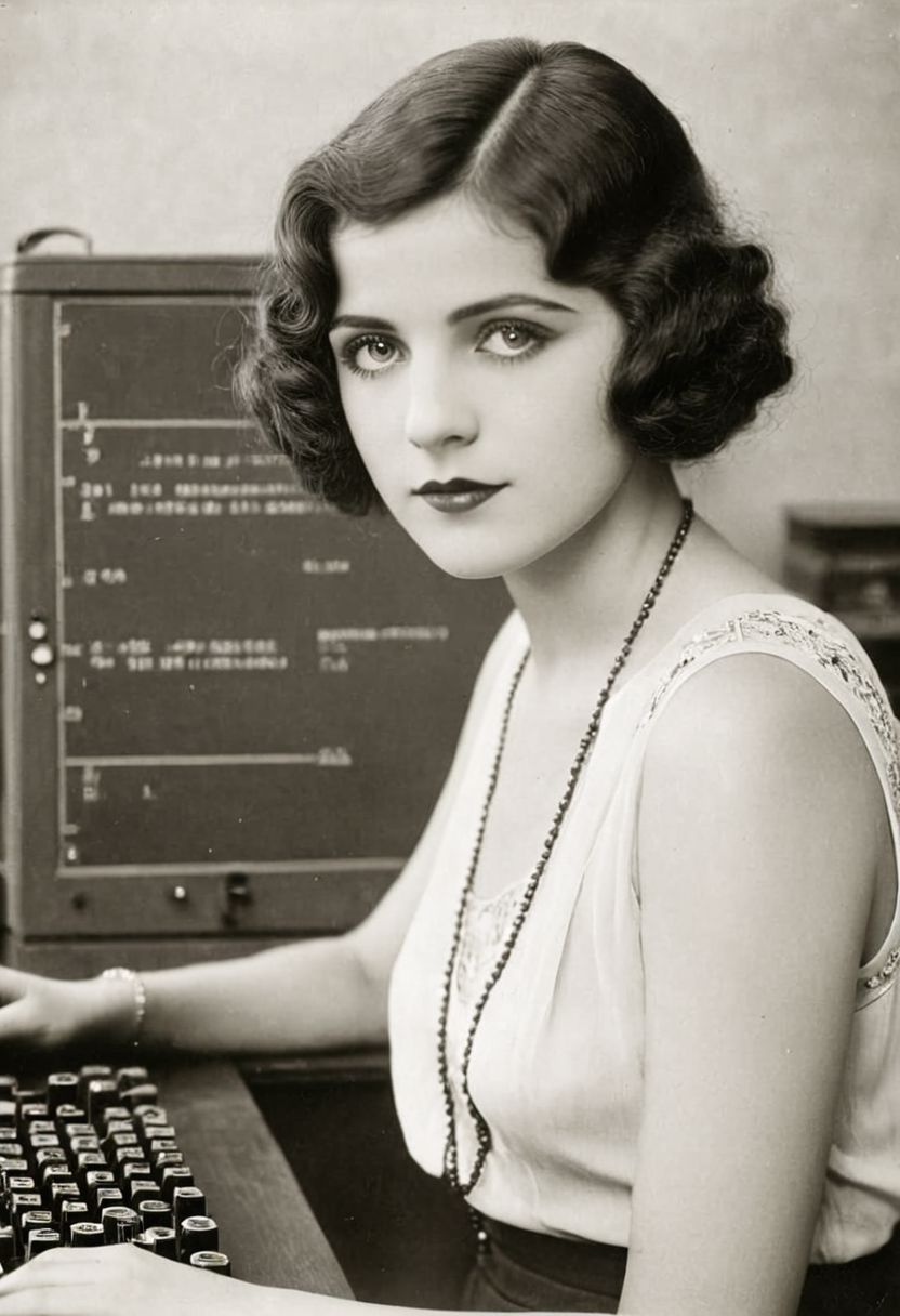 vintage photo, of 1920s female computer, inside university, making calculations to help win the war, perfect face, alluring eyes, beautiful hands, photographed on a Kodak 35, 50mm lens, f/3.5, black and white