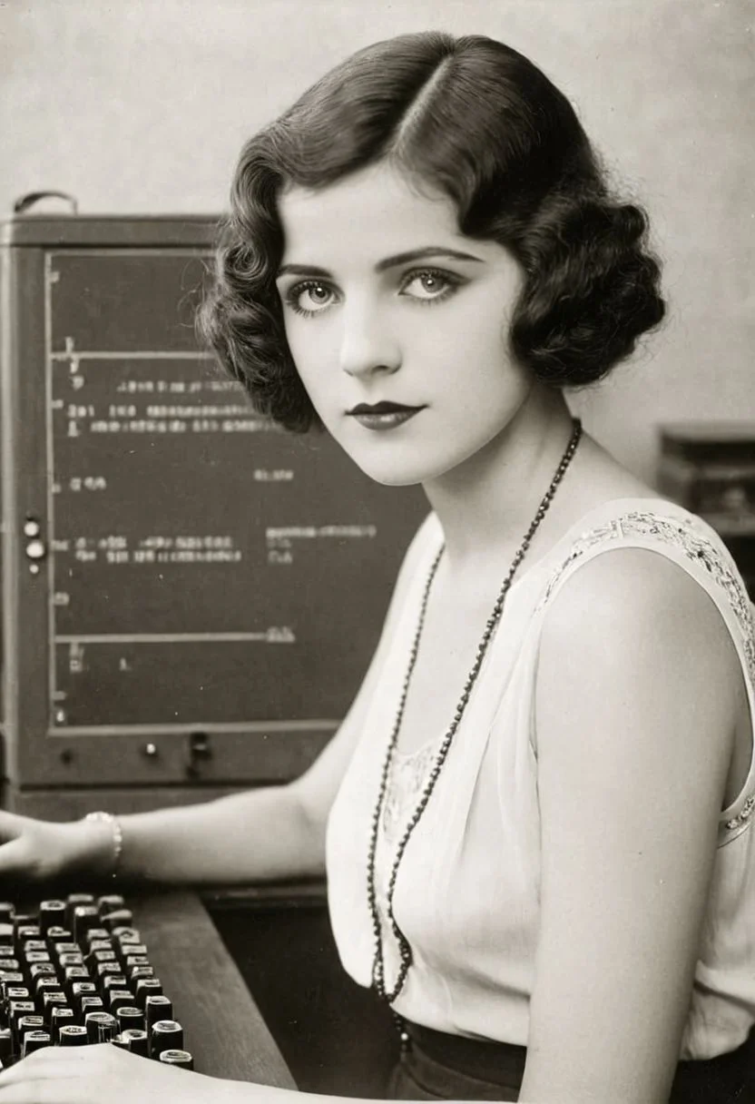 vintage photo, of 1920s female computer, inside university, making calculations to help win the war, perfect face, alluring eyes, beautiful hands, photographed on a Kodak 35, 50mm lens, f/3.5, black and white