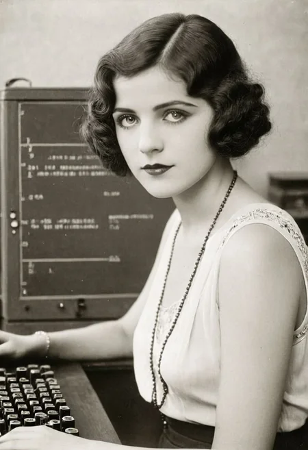 vintage photo, of 1920s female computer, inside university, making calculations to help win the war, perfect face, alluring eyes, beautiful hands, photographed on a Kodak 35, 50mm lens, f/3.5, black and white