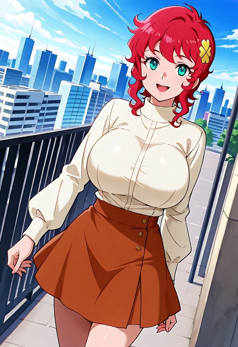 general,highres, ultra-detailed,very aesthetic,best quality ,best hands,best eyes,easynegative,
dynamic anglre, dutch angle, anime cloring,
1girl solo,looking at viewer,city,walking,smile,open mouth,
Megu Kanzaki,red hair,short_hair, wavy hair, aqua eyes, huge_breasts, hair_ornament,shirt,skirt,