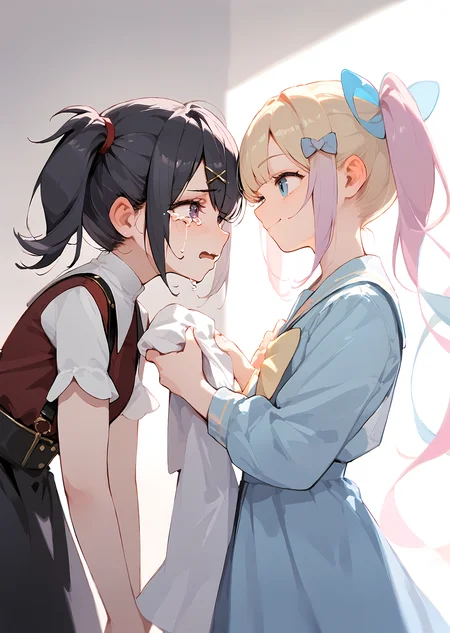 (score_9, score_8_up, score_7_up), 2girls, standing ADDCOMM
<lora:NGO-PO-v1A-000008:0.9>, 1girl, amechan, hair over one eye, wiping tears, crying at front BREAK
1girl, kangel, smile, closed mouth, hug another in the background, looking at another