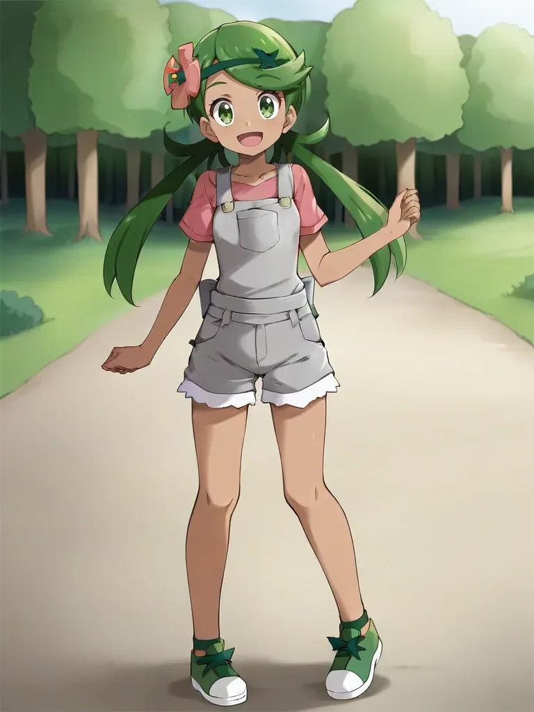 <lora:mallmaowtsukishiro:0.7>
1girl, solo, maollow, dark skin, green hair, low twintails, hair ornament, hair flower, green eyes, pink shirt, grey overalls, gray shorts, green shoes, standing, looking at viewer, outdoors, forest, open mouth, smile