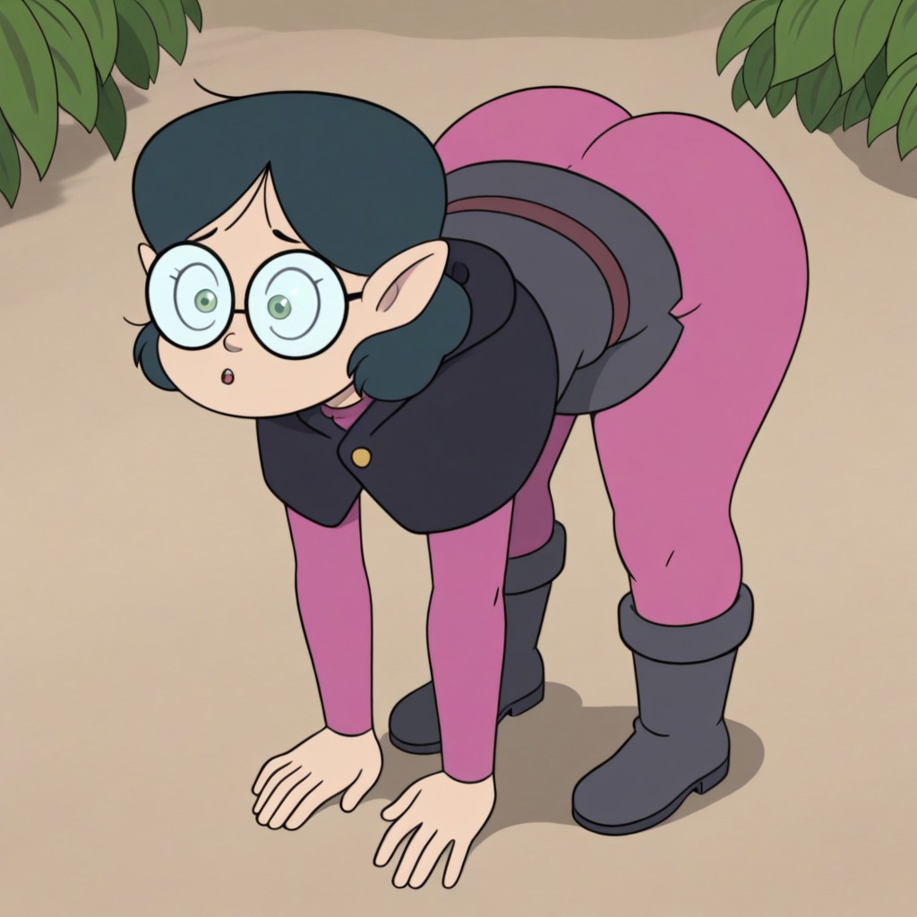 Masterpiece, solo, female, 1girl, best quality, perfect quality, amazing quality, Willow park, green eyes, dark blue hair, short hair, hairband, pointy ears, glasses, round eyewear, tunic, gray tunic, dark gray cowl, belt, long sleeves, pink sleeves, pantyhose, pink pantyhose, showing butt, fat ass, massive ass,