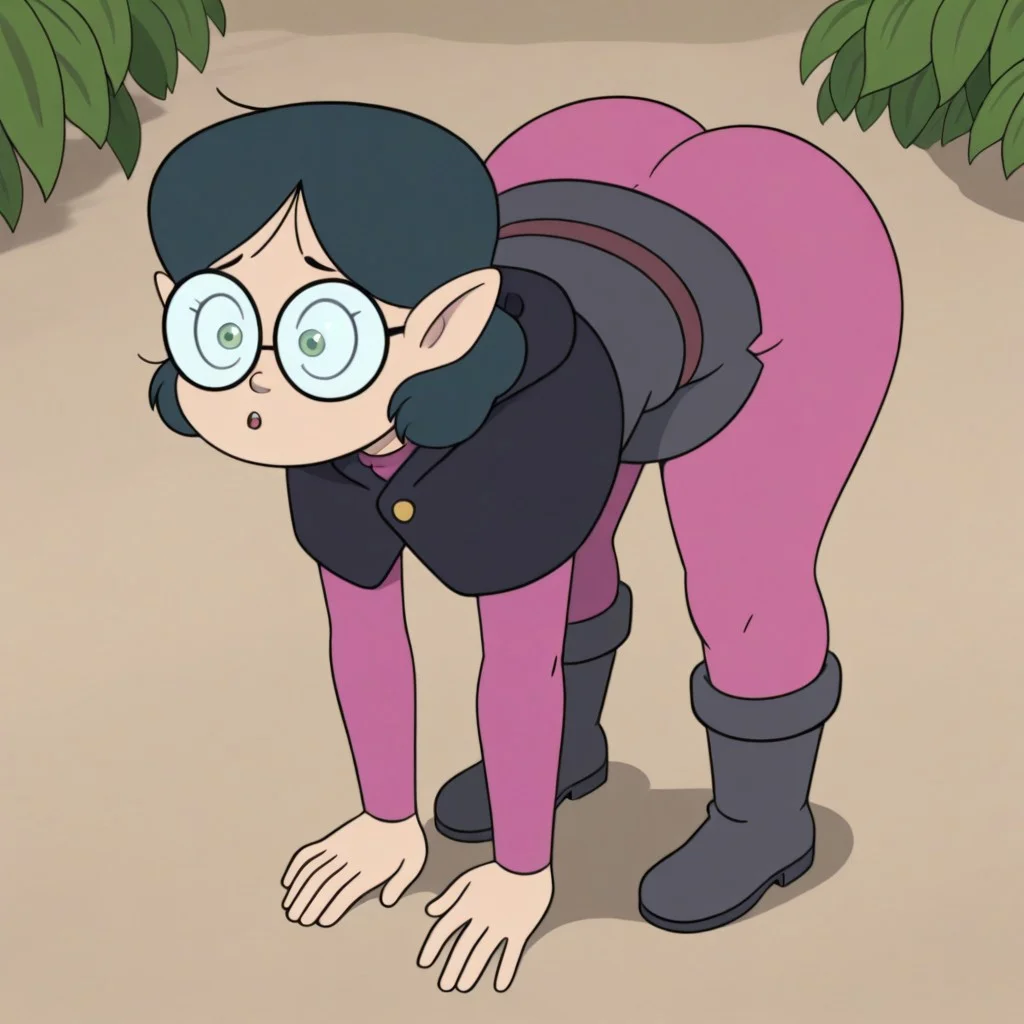 Masterpiece, solo, female, 1girl, best quality, perfect quality, amazing quality, Willow park, green eyes, dark blue hair, short hair, hairband, pointy ears, glasses, round eyewear, tunic, gray tunic, dark gray cowl, belt, long sleeves, pink sleeves, pantyhose, pink pantyhose, showing butt, fat ass, massive ass,