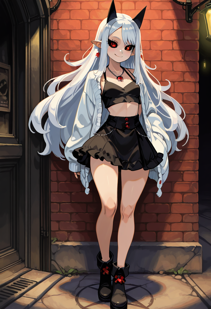 masterpiece, best quality, 1girl, solo, eyelashes, (beautiful eyes), smile, looking at viewer,  ,<lora:PramPhantomKingdom_IXL_v1:1.0>,  [Witchy Urban Fashion], zzPram, 1girl, solo, long white hair, horns, pointy ears, red eyes, black sclera, witchy, 1girl, solo, black crop top, high-waisted skirt, oversized cardigan, ankle boots, pentagram necklace, street corner, glowing streetlights, moonlit night. zzPram leans against a brick wall on a quiet street corner, the soft glow of streetlights highlighting her bold fashion choices. Her black crop top and high-waisted skirt complement her dark aesthetic, while her oversized cardigan drapes over her shoulders. A pentagram necklace swings gently around her neck, and her red eyes, framed by the stark black sclera, gleam with quiet power under the moonlit sky. The urban atmosphere feels charged with an air of magic and mystery.