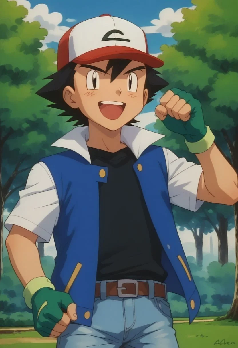 score_9, score_8_up, score_7_up, source_anime, highly detailed, 1boy, solo, male_focus, slender, skinny,
ash_kanto, hat, gloves, solo, fingerless gloves, baseball cap, black hair, denim, blue jacket, smile, open mouth, pokemon, arm raised to sky, closed fist
outdoor, park, grass, trees, human child,