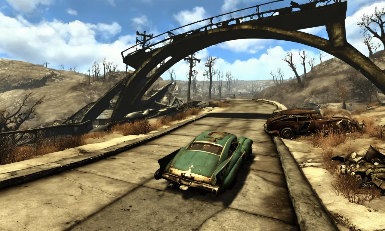 broken overpass,<lora:falloutlandsdxl:0.8>, falloutlandsdxl, landscape, best quality, masterpiece, retro-fruturistic cars, fallout 3