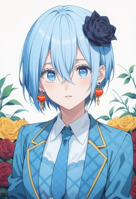 score_9, score_8_up, score_7_up, source_anime, nonoa, blue hair, blue eyes, short hair, 1girl, solo, hair ornament, flower, blue necktie, necktie, hair flower, earrings, jewelry, looking at viewer, jacket, shirt, rose, hair between eyes
