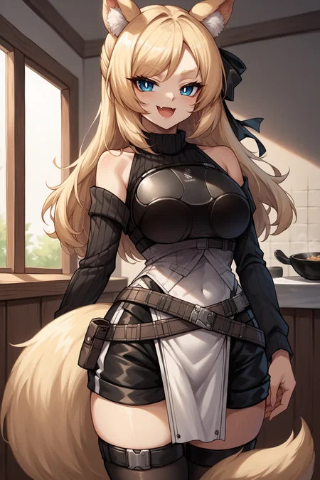 score_9, score_8_up, score_7_up, , rating_general,1girl ,wssd, animal ears, tail, hair ribbon, ribbed sweater, bare shoulders, breastplate, long sleeves, pouch belt, black shorts, pelvic curtain, black thighhighs, source_anime, smile, :3,  skin fang, open mouth, naughty face, <lora:WhislashPDCAMEv2L AK-000006:1>, portrait, indoors,
