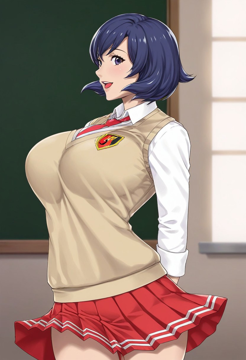 score_9, score_8_up, score_7_up, source_anime, masterpiece, best quality, ultra-detailed, best illustration, best shadow, absurdres, detailed background, very aesthetic, highly detailed, highres, high quality, best quality, side profile,
Break, 
1girl, solo, Mikoto Hiiragi, solo, indoor, school, classroom, day, windows, blue hair, short hair, bob hair style, side swept bangs, blue eyes, large breasts, beige sweater vest, logo on vest, white collared shirt, long sleeves, red and white pleated skirt, smile, open mouth, arms behind back, looking at viewer,