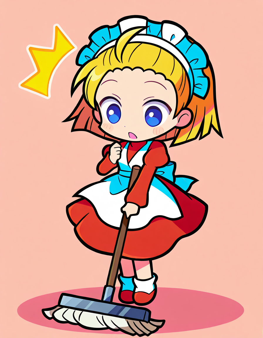 <lora:Pkikimora_SDXL_Illustrious01_fp16_ver02:1>,Pkikimora, 1girl, solo,blue eyes, blonde hair, maid headdress, apron,3dress,long sleeves, socks,red shoes,surprised, newest,mop,forehead,puyopuyo official style,chibi, masterpiece, best quality, very aesthetic, absurdres,<lora:detailed_hands:1>,hand