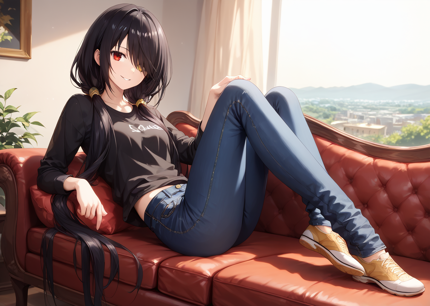 score_9, score_8_up, score_7_up, score_6_up, score_5_up, score_4_up, , scenery, masterpiece,  best quality, very aesthetic,, 
,  looking at viewer, laying, modeling on sofa,  <lora:Kurumi_Tokisaki:0.8> black hair, red eye, long hair, twintails, hair over one eye, yellow eye, heterochromia, clock eye black, tshirt, jeans, sitting, smiling,legs kicking,