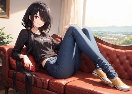 score_9, score_8_up, score_7_up, score_6_up, score_5_up, score_4_up, , scenery, masterpiece, best quality, very aesthetic,,
, looking at viewer, laying, modeling on sofa, <lora:Kurumi_Tokisaki:0.8> black hair, red eye, long hair, twintails, hair over one eye, yellow eye, heterochromia, clock eye black, tshirt, jeans, sitting, smiling,legs kicking,