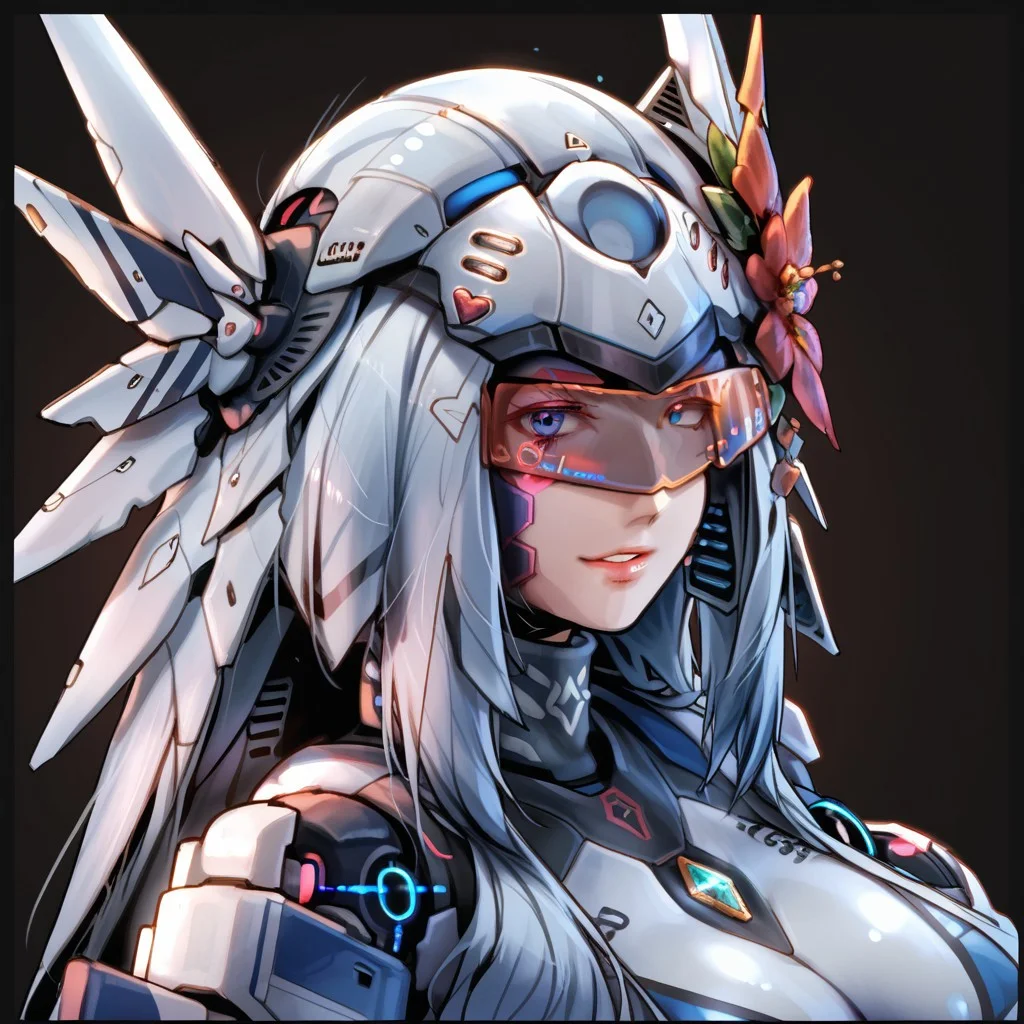 uaf-character, |||, breasts, humanoid robot, mecha musume, medium breasts, silver hair ornament, uaf_neuko, upper body, glowing, android, visor, smile, black border, uaf-portrait, robot girl, robot, uaf_redblue_backlight, parted lips, solo, uaf_red_blue_ilumination, helmet, simple background, 1girl, 80swa, Expressiveh, score_9,score_8_up,score_7_up, 20 years old, 8k, hd, beautiful korean girl, , ultra realistic, hyper realistic, detailed face, natural huge breasts, beautiful woman's face, <LoRA: uafPortraits-000110>, <LoRA: uaf Wt: 1>, pureerosface_v1, (PureErosFace_V1:0.8)