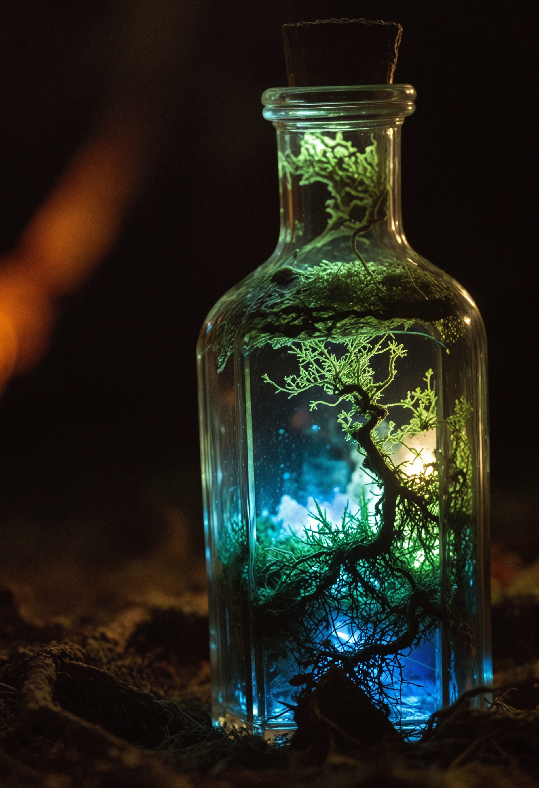 High-contrast close-up photograph, magical glowing moss-covered (crystal:1.1) in antique glass bottle, ethereal beauty, expert lighting techniques, intricate details, vibrant hues, shallow depth of field, otherworldly atmosphere, wonder, enchantment, roots