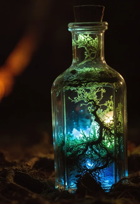 High-contrast close-up photograph, magical glowing moss-covered (crystal:1.1) in antique glass bottle, ethereal beauty, expert lighting techniques, intricate details, vibrant hues, shallow depth of field, otherworldly atmosphere, wonder, enchantment, roots