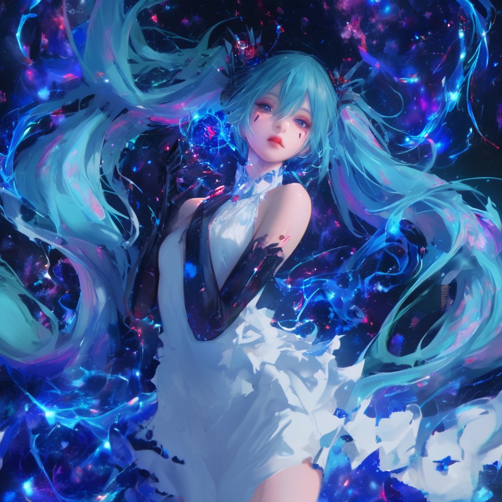 1girl, solo, long hair, hatsune miku, twintails, very long hair, dress, blue hair, gloves, full body, blue eyes, floating, looking at viewer, hair ornament, sleeveless, black gloves, multicolored hair, facial mark, sleeveless dress, flower, parted lips, absurdly long hair, elbow gloves, white dress, hair between eyes, bare shoulders, abstract background, energy , blue blue theme, universe, cowboy shot,masterpiece,best quality,amazing quality, realistic
