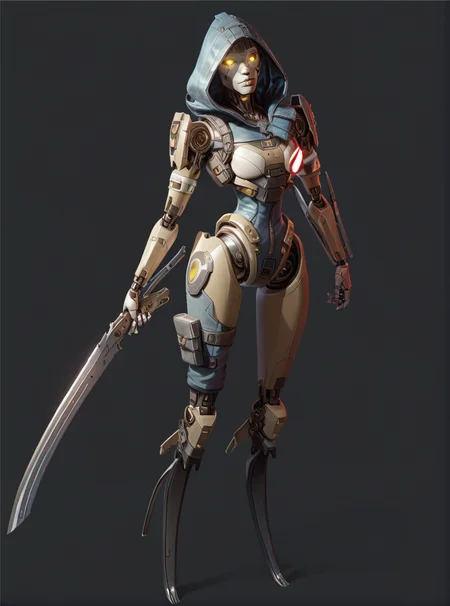 score_9, score_8_up, score_7_up, 1girl, solo, <lora:Pony_ashalxxx_LORA:0.7> ashalxxx,ashapl, robot, science fiction, android, humanoid robot, yellow eyes <lora:AshAPL:0.5> black sclera, hood, hood up, looking at viewer, posing, full body, holding weapon, holding sword, glowing eyes