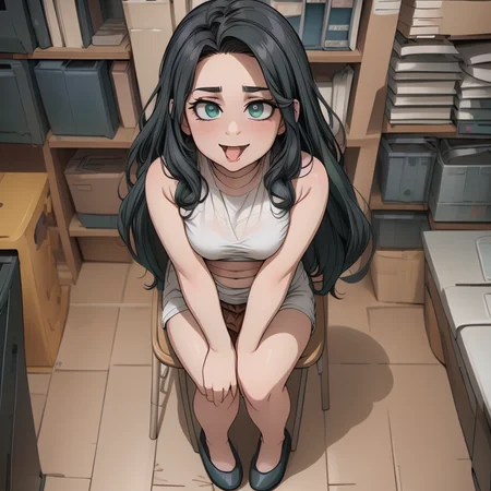 anime, illustration, <lora:hyperdenoiser_v090:0.5>, <lora:hyperrefiner_v090:0.5>, <lora:add_detail:0.3>, detailed hands, (detailed eyes:1.3), <lora:sd15_lora_beta:0.5>, <lora:perfetfingers:0.5>, <lora:ETO_OC:0.2> ETO-OC, <lora:ETO_OCC006:0.5>, ETO_OCC, (curly hair:1.3), (long hair), (black hair:1.8), thick eyebrows, pale skin, (plump:1.4), 1girl, (hazel-green eyes:1.9), smiling, (parted bangs:1.8), (apple cheeks), (round-face:1.8), (round-chin:1.7), (full body:1.9), <lora:taremeEyes_v10:0.5>, (multi-tone eyes:1.7), (large breasts), <lora:shoplifter_interrogation-10:1> shoplifter_interrogation, (sitting in a chair:1.6), blush, sweat, (zoom out), grin, smug,  <lora:just_as_planned:0.4> just_as_planned, (from above), (open mouth), (tongue out:1.6)