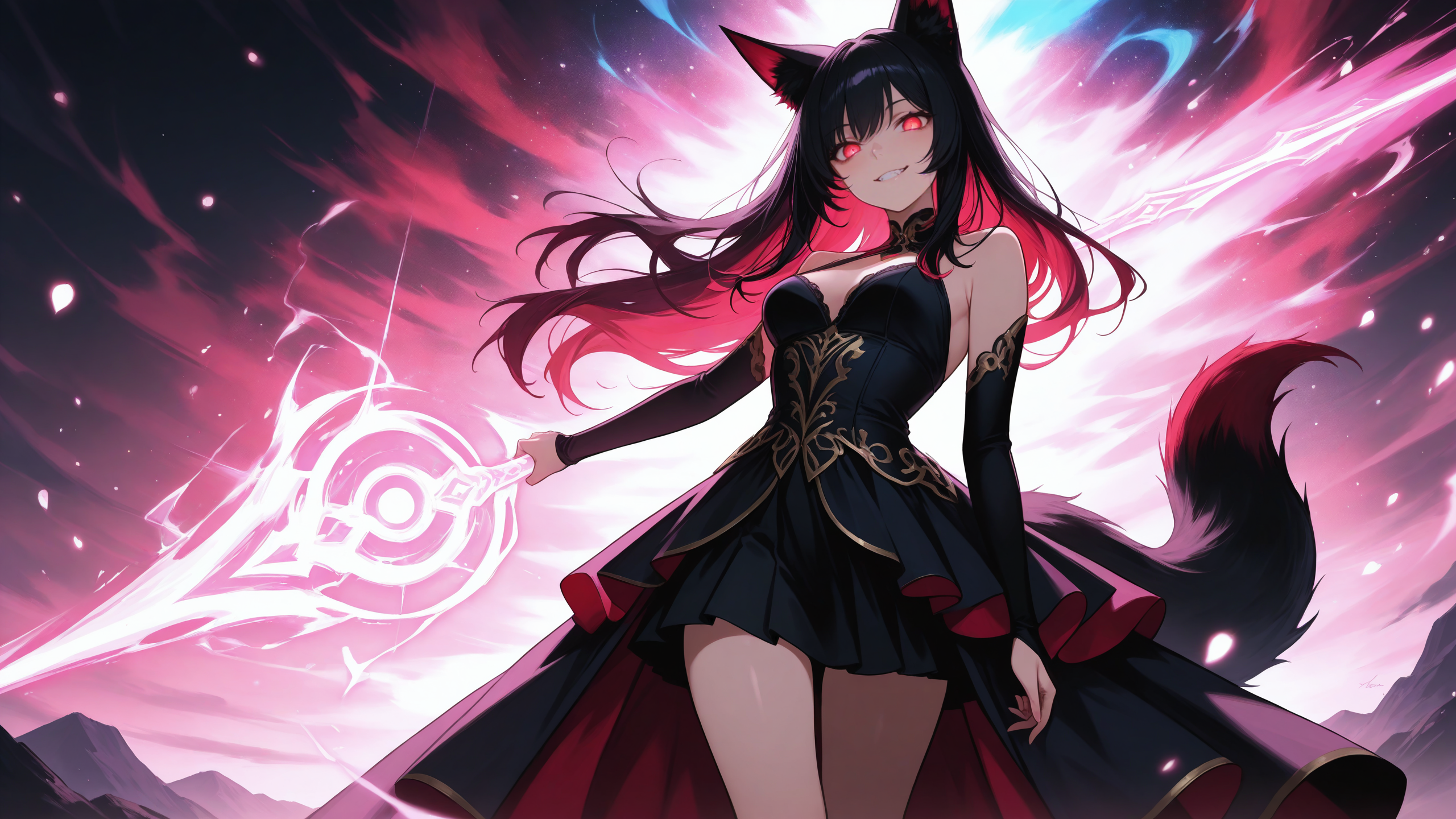 masterpiece, best quality, amazing quality, very aesthetic, absurdres, newest, holographic colors, luminescent glowing colors, dark background, backlighting, luminescent colors, glowing colors,
1girl, sfw, uncensored, eerie,
<break>
ambient occlusion, raytracing, soft lighting, bloom effect, absolutely eye-catching, particles, soft glow, intricate cinematic background, backlighting,
<break>
(sexy, adorable, seductive),
<break>
panorama, masterpiece, best quality, amazing quality, very aesthetic, absurdres, newest, holographic colors, luminescent glowing colors, dark background, backlighting, luminescent colors, glowing colors,
1girl, nsfw, uncensored,
<break>
ambient occlusion, raytracing, soft lighting, bloom effect, absolutely eye-catching, particles, soft glow, intricate cinematic background, backlighting,
<break>
(sexy, slutty, seductive),
<break>
size difference, 1girl, solo, fox girl, assassin, tarnished clothes, fighting pose, 2fox ears, long hair, medium breast, 1fox tail, wedding dress, evil smile, yandere, canine teeth, magic, particles, motion lines, silver, amber and black color palette, backlighting, limited palette, looking at viewer, seductive, detailed nighttime background, outdoors, black color, eerie,
<segment:face,0.35,0.5//cid=1> canine teeth, evil smile, yandere, pretty face, seductive face, perfect eyes, perfect lips,
<break>
masterpiece, best quality, very aesthetic, absurdres, holographic colors, luminescent glowing colors, dark background, backlighting, luminescent colors, glowing colors,
,
,
,
,
,
,
,