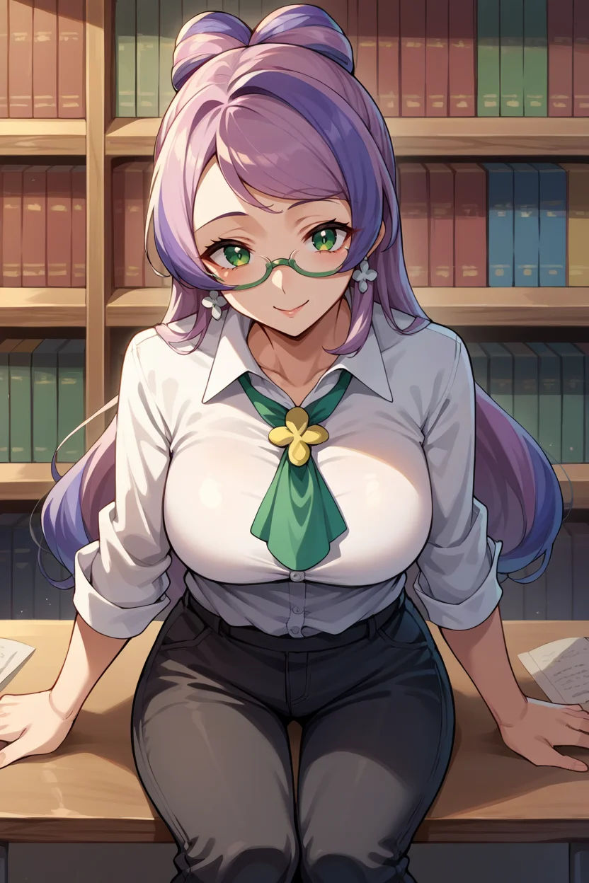score_9, score_8_up, score_7_up, score_6_up, source_anime BREAK 1girl, mature female <lora:pkmnmiriam-pdxl-nvwls-v1-000004:1> miriam, green eyes, multicolored hair, earrings, glasses, collared shirt, white shirt, ascot, black pants, sitting, library, smile