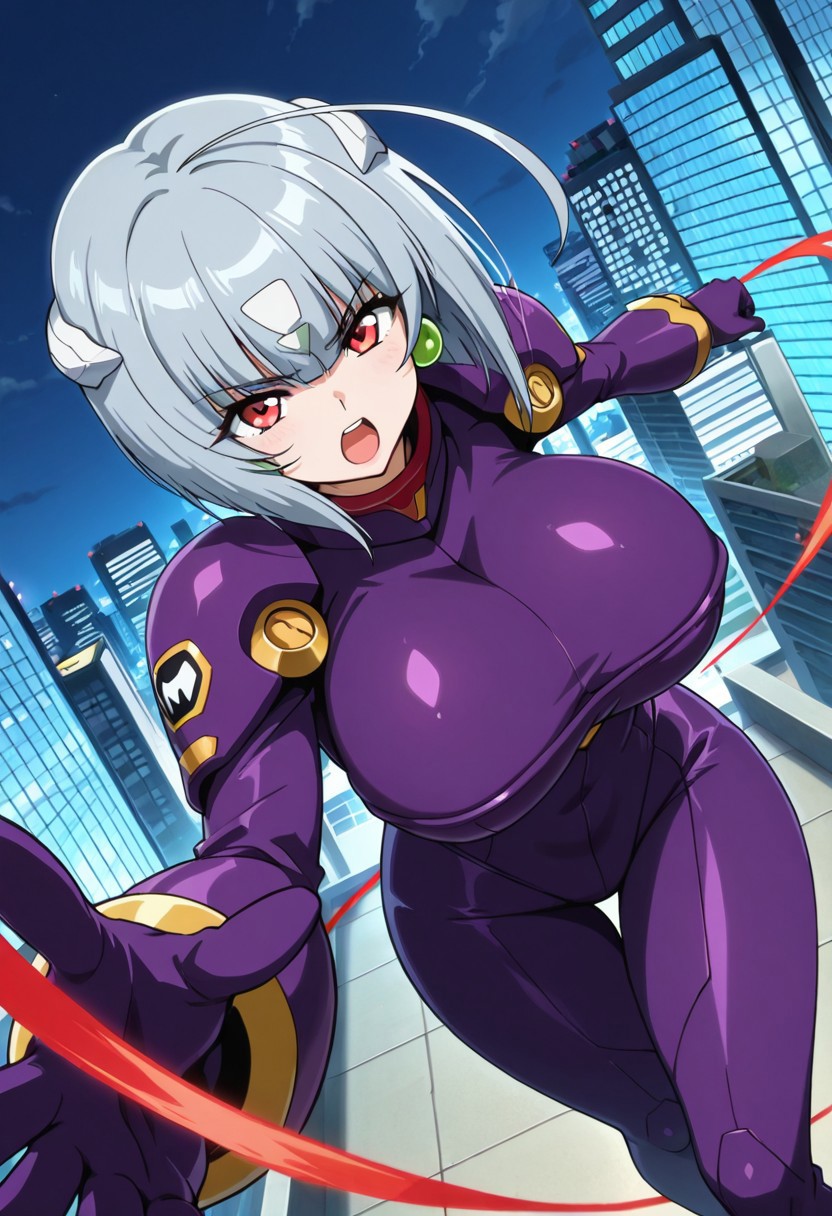 general,highres, ultra-detailed,very aesthetic,best quality ,best hands,best eyes,easynegative,
dynamic anglre, dutch angle, anime cloring,
1girl solo,looking at viewer,city,open mouth, fighting, 
Kiriko,grey hair, red eyes, short hair, hair_ornament, ahoge,huge_breasts,purple body suits,